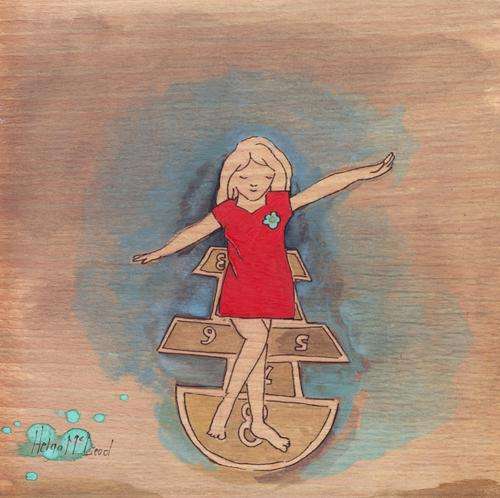 Childhood - watercolor and ink on wood