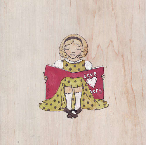 Love story book read by girl with khaki gold dress