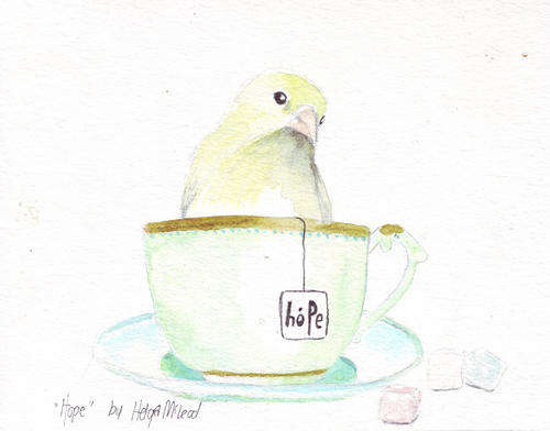 Original watercolor painting bird in teacup with sugar cubes yellow olive green turquoise