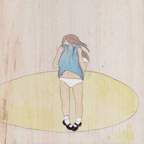 Shy girl in her blue school dress, feeling under spot light original painting art
