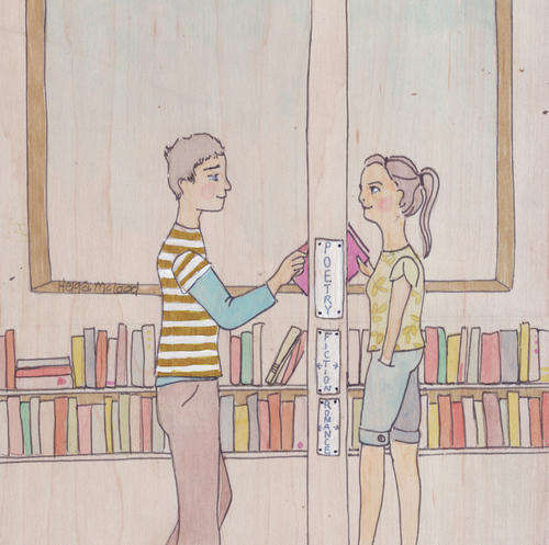 Original painting acrylic and watercolor boy and girl reaching for same book in library