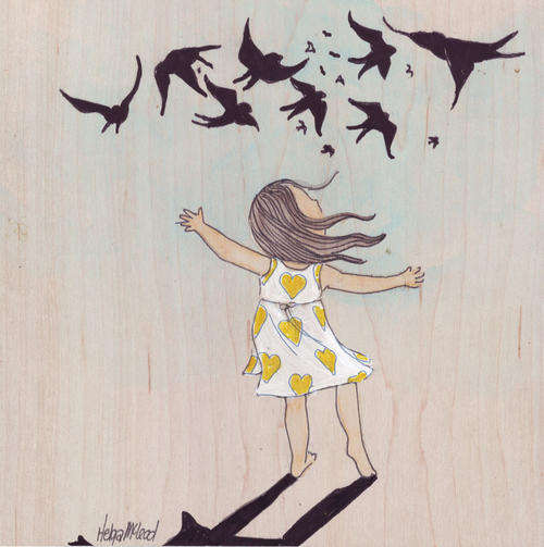 Original painting acrylic and watercolor girl dancing in white and yellow dress with black swallows