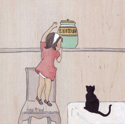 Original painting Girl in salmon pink dress, white panties and black cat, reaching for cookie jar