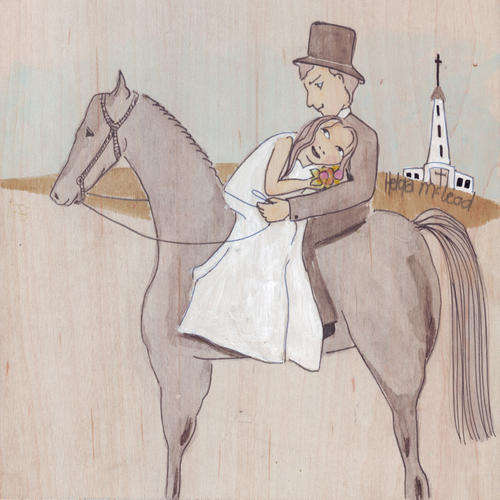 Original painting acrylic and watercolor bride and bride's groom wedding horse church dress