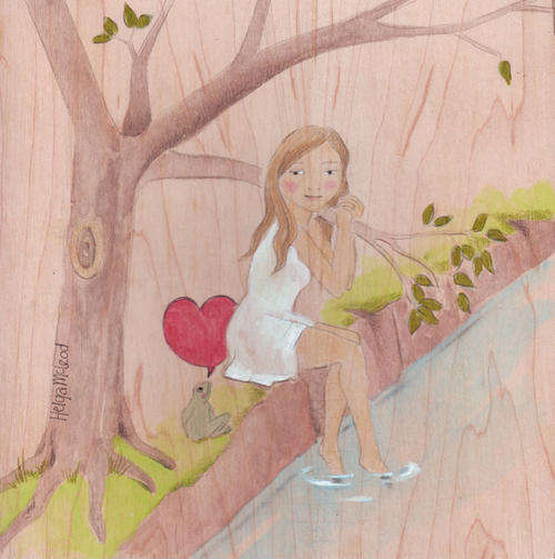 Original painting acrylic, watercolor and ink princess and frog white dress tree water green