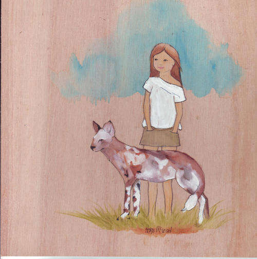 Original painting acrylic, watercolor and ink Wild dog and girl from Africa