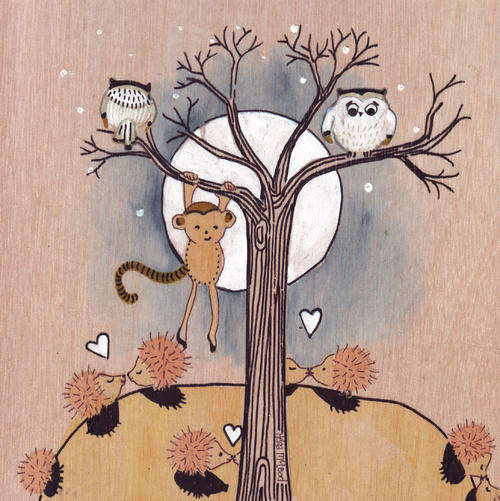 Original painting acrylic, watercolor and ink Hedgehogs' lovers lane with owls and monkey watching