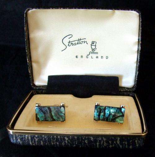 Vintage boxed set of STRATTON Abelone Mother of Pearl cufflinks, very colourful