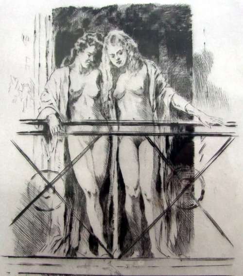 Forain? Bonnard? Framed etching. Post/impressionist nudes on Paris balcony