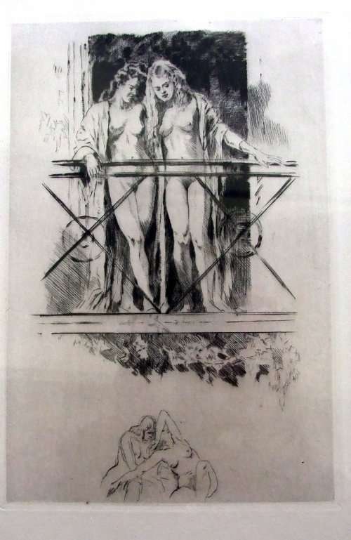 Forain? Bonnard? Framed etching. Post/impressionist nudes on Paris balcony
