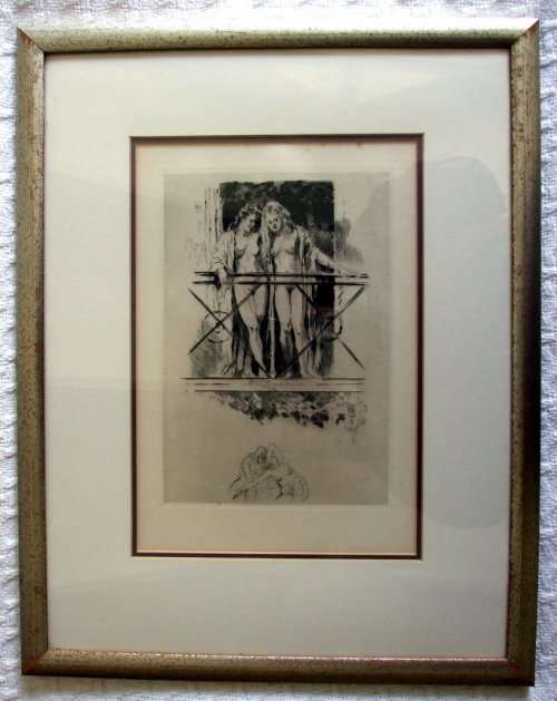 Forain? Bonnard? Framed etching. Post/impressionist nudes on Paris balcony
