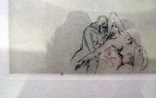 Forain? Bonnard? Framed etching. Post/impressionist nudes on Paris balcony