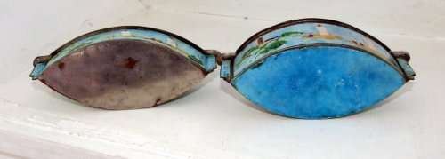 Wonderful pair of vintage Chinese metal and enamel  trinket / ash trays with landscape image