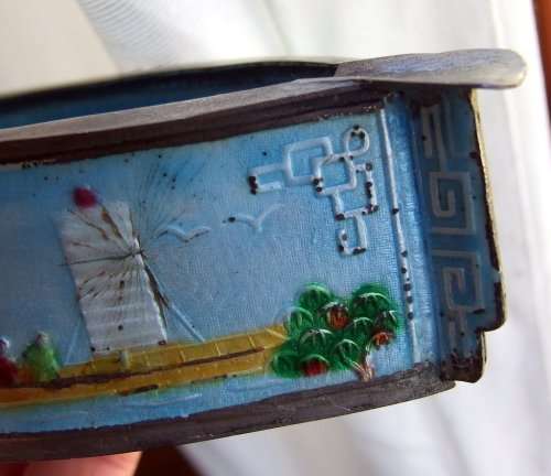 Wonderful pair of vintage Chinese metal and enamel  trinket / ash trays with landscape image