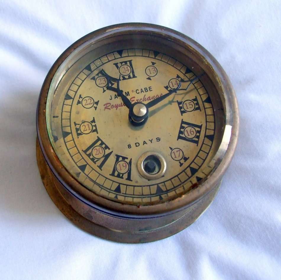 RARE!! Antique James McCabe Royal Exchange 8-day Brass Ship's Clock, just serviced, with key