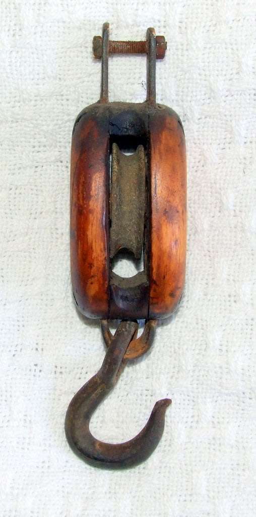 Vintage wood and iron block and tackle, single pulley, marine, from "Brigantine Romance"