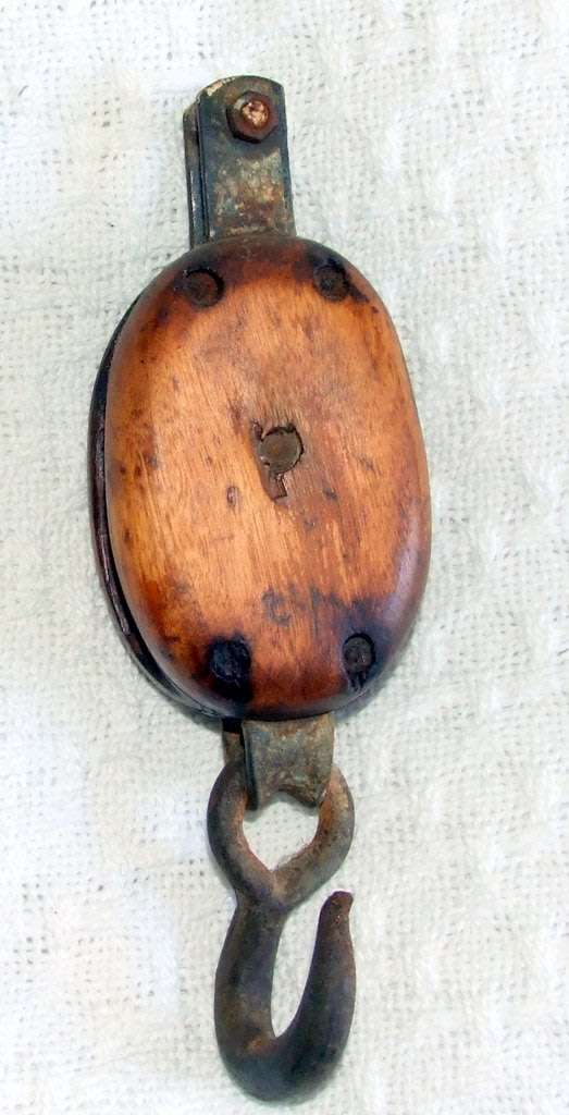 Vintage wood and iron block and tackle, single pulley, marine, from "Brigantine Romance"