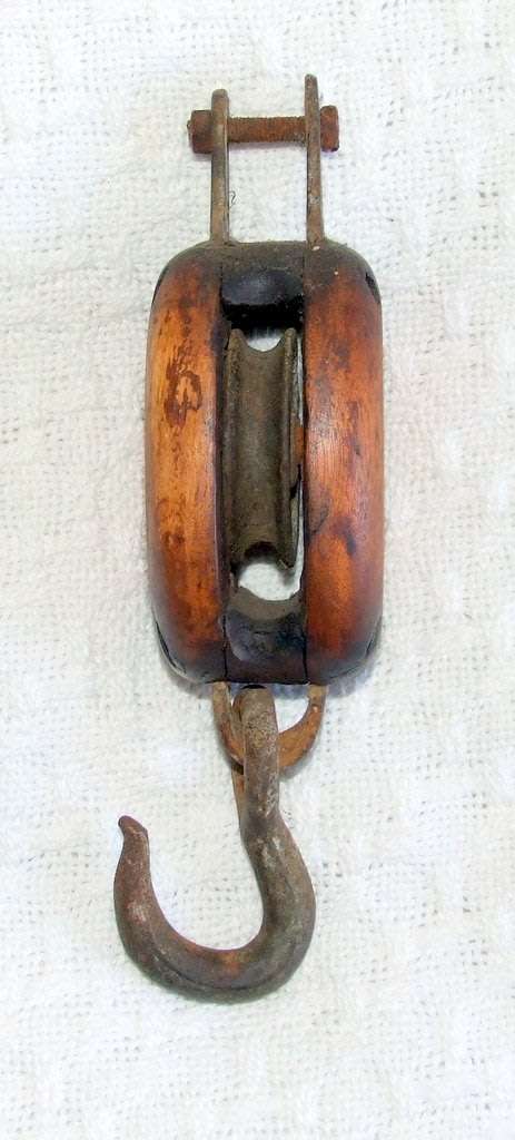 Vintage wood and iron block and tackle, single pulley, marine, from "Brigantine Romance"