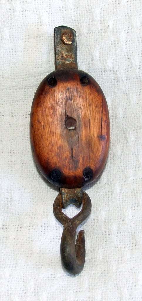 Vintage wood and iron block and tackle, single pulley, marine, from "Brigantine Romance"