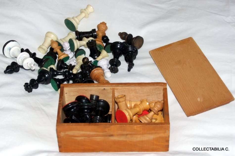 Wood Chess Set in original box, incomplete, with loads of assorted spare pieces