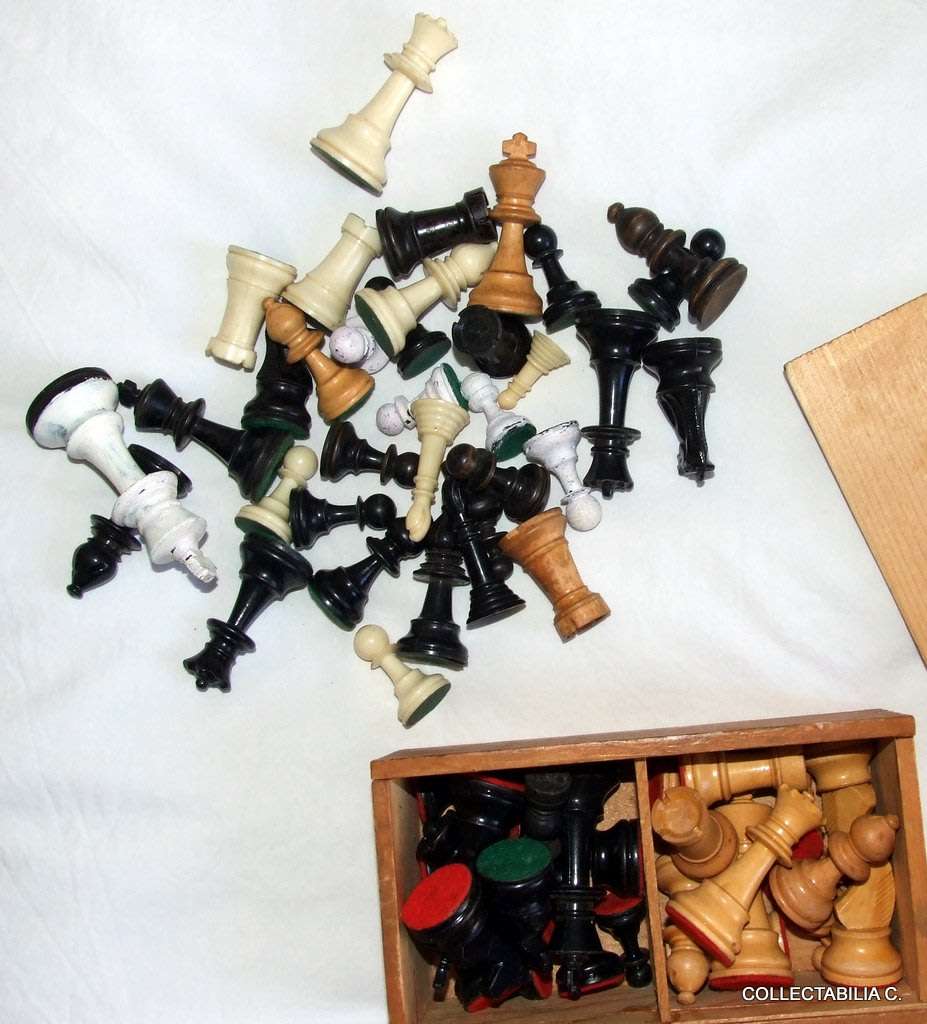 Wood Chess Set in original box, incomplete, with loads of assorted spare pieces