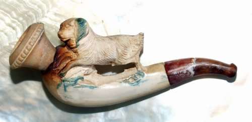 Small Antique Carved Hunting Dog Meerschaum Lady's Pipe With Original Case