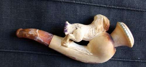 Small Antique Carved Hunting Dog Meerschaum Lady's Pipe With Original Case