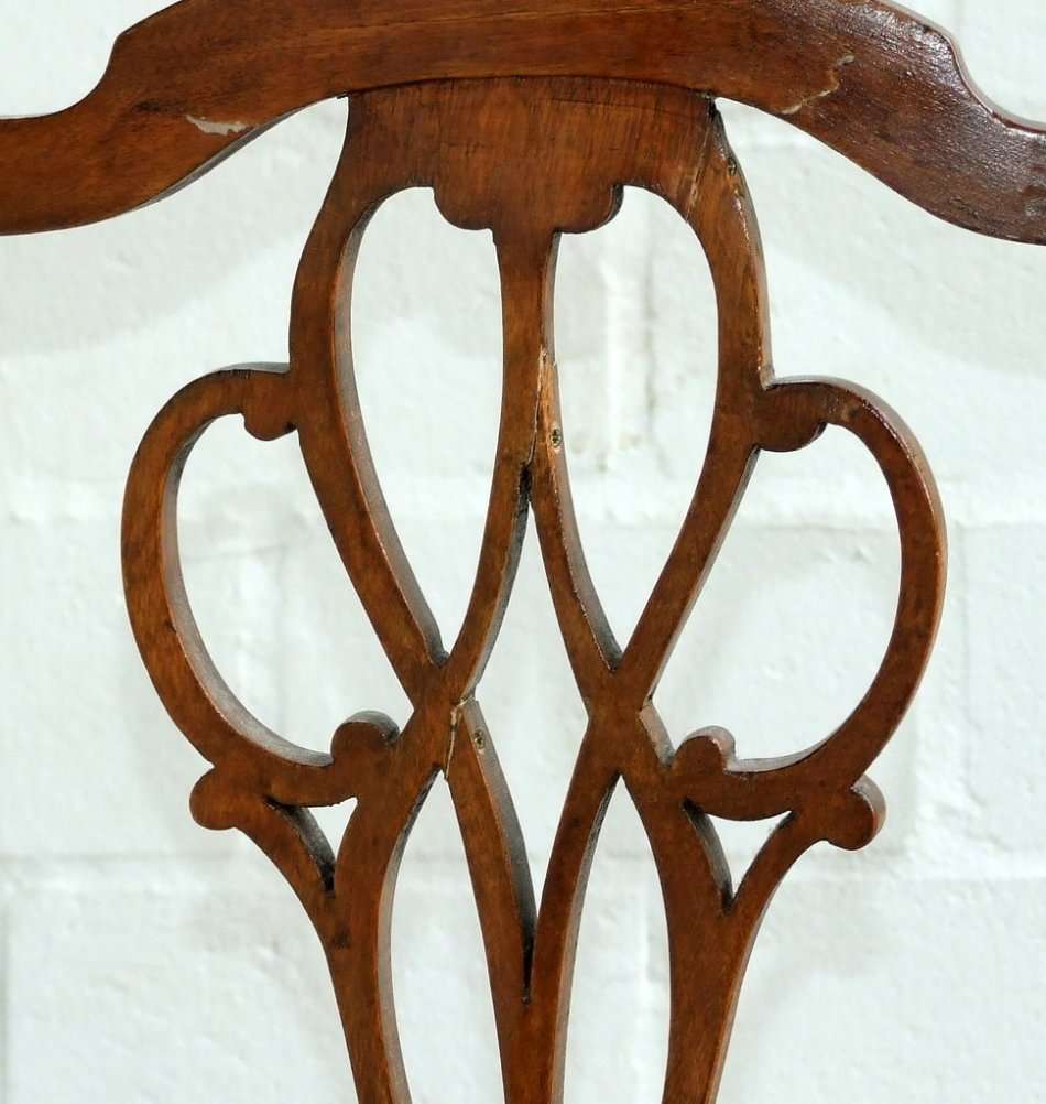 Antique Elbow (Carver) Chair in sturdy condition, fretwork damaged, probably Walnut.