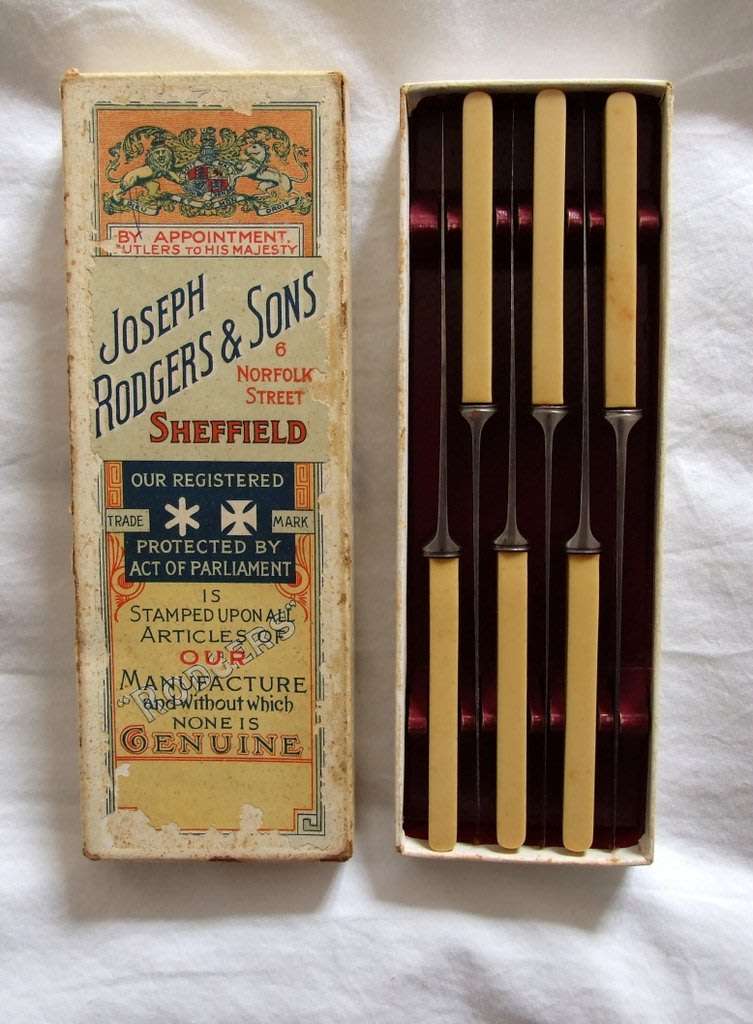 Boxed Set of Six Joseph Rodgers Dessert Knives, Faux Bone Handles, Cutlers to His Majesty, George V