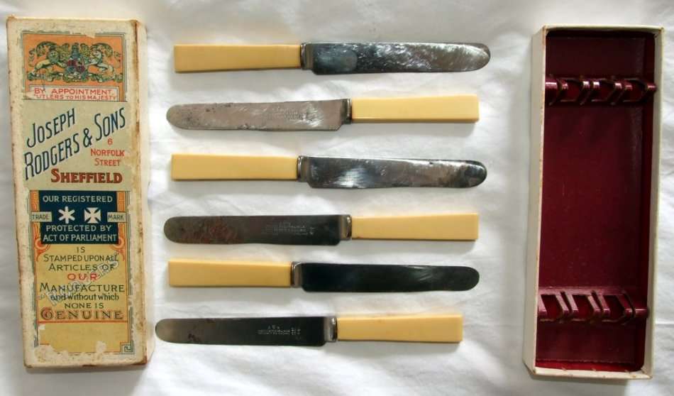 Boxed Set of Six Joseph Rodgers Dessert Knives, Faux Bone Handles, Cutlers to His Majesty, George V