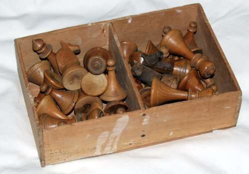 Unusual Complete Set of Vintage Wood Chessmen