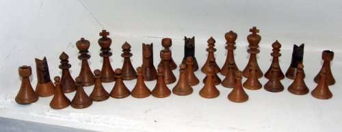 Unusual Complete Set of Vintage Wood Chessmen