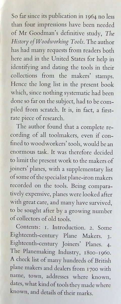 R A R E!  BRITISH PLANE MAKERS FROM 1700 by WL Goodman, Bell and Sons, 1968 First Edition