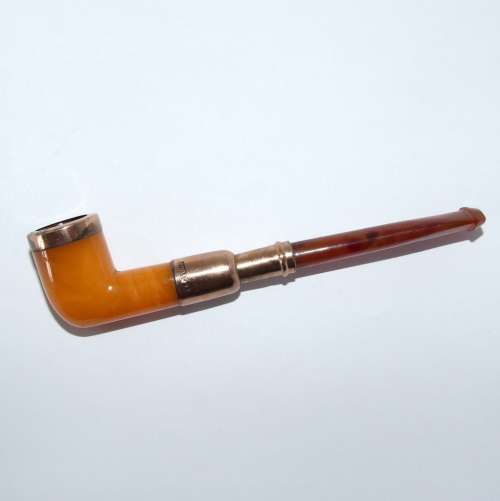 Antique AMBER and SILVER GILT tobacco pipe with leather case
