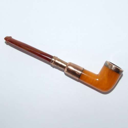 Antique AMBER and SILVER GILT tobacco pipe with leather case