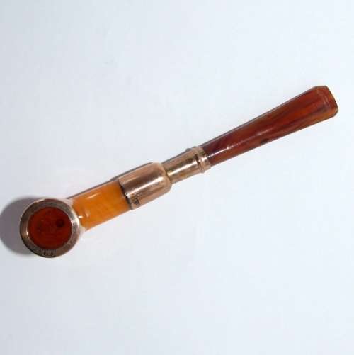 Antique AMBER and SILVER GILT tobacco pipe with leather case