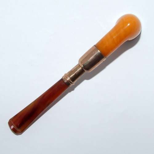 Antique AMBER and SILVER GILT tobacco pipe with leather case