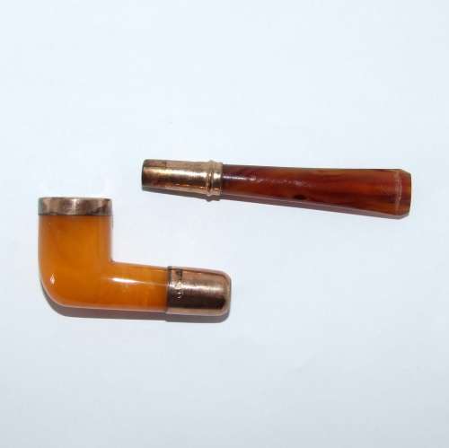 Antique AMBER and SILVER GILT tobacco pipe with leather case