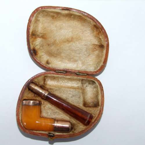 Antique AMBER and SILVER GILT tobacco pipe with leather case