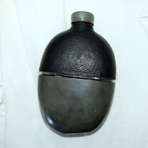 Victorian Pewter, Glass and Leather Pocket Flask and Cup