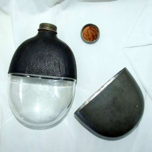 Victorian Pewter, Glass and Leather Pocket Flask and Cup