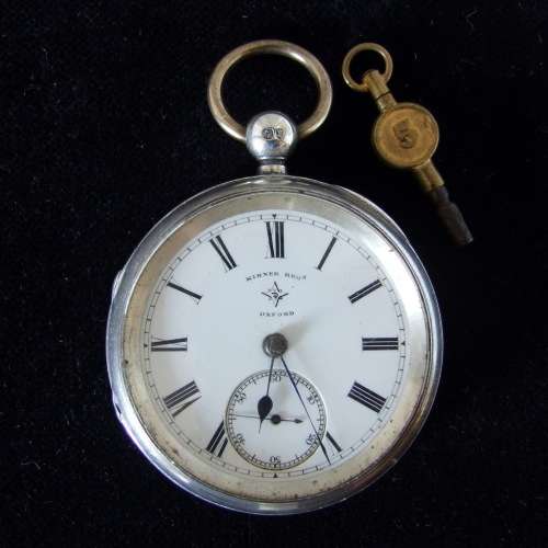 Antique hallmarked silver case with Kirner Bros. Oxford fusee,  wind key pocket watch, 1884 Working.
