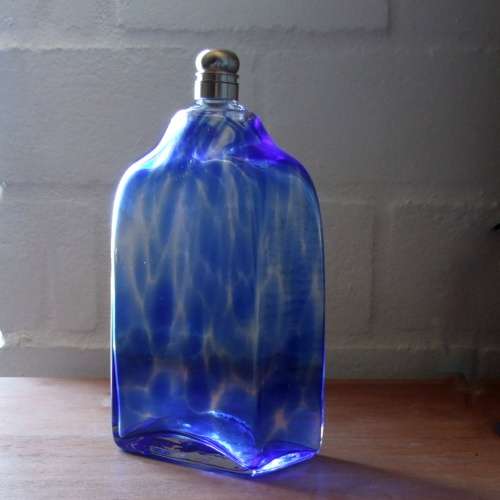 Studio Art Glass: Stiegel style mottled blue flask decanter bottle