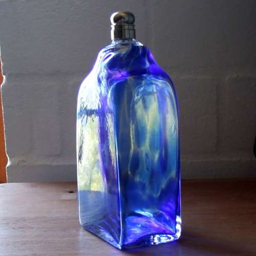 Studio Art Glass: Stiegel style mottled blue flask decanter bottle