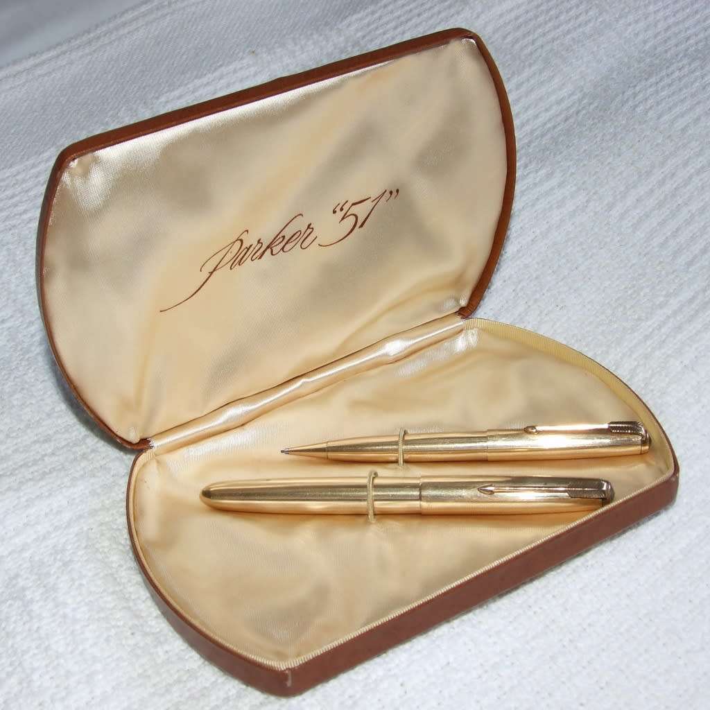 Boxed 14k gold filled Parker 51 fountain pen and pencil set, working.