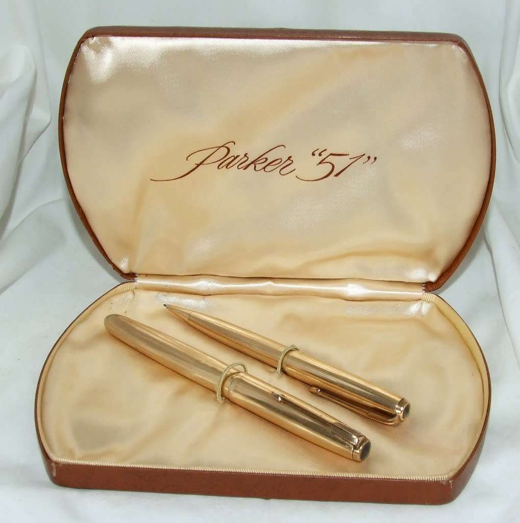 Boxed 14k gold filled Parker 51 fountain pen and pencil set, working.