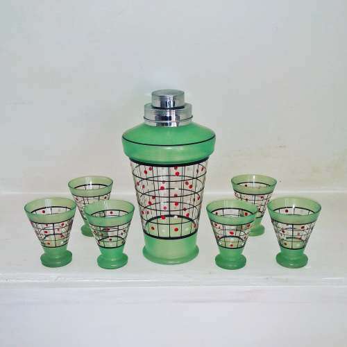 MID CENTURY GLASS & CHROME COCKTAIL SHAKER / DECANTER WITH 6 GLASSES