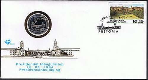 SOUTH AFRICA 1994 NELSON MANDELA PRESIDENTIAL INAUGURATION FDC WITH R5 COIN