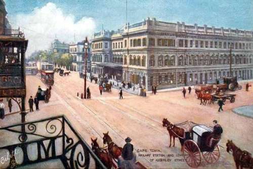 RAILWAY STATION AND LOWER ADDERLEY STREET CAPE TOWN POSTCARD
