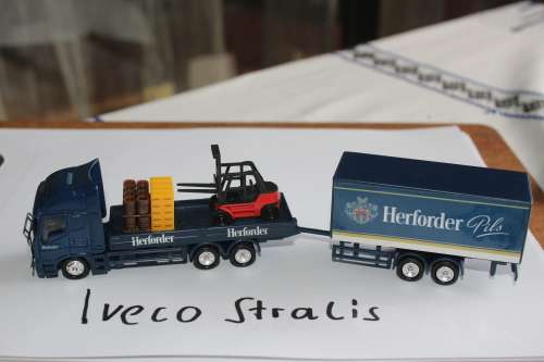 Iveco Stralis Truck 1:87, Herforder Beer, with Forklift truck, beer cases and beer barrel, not boxed